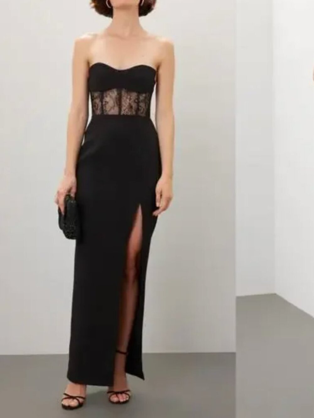 Elle Zeitoune Elliot Dress Strapless Sweetheart Neck Lace Bustier Maxi Black XS